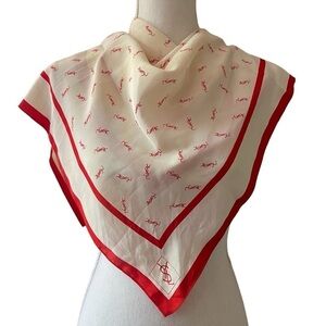 YSL CLASSIC RED AND WHITE LOGO SILK SCARF 30” X 30”